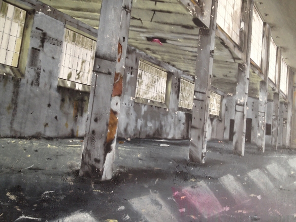 "Abandoned Factory" (particolare) - 2014 - cm. 120x120 - Fondo polimaterico e acrilico su tela.